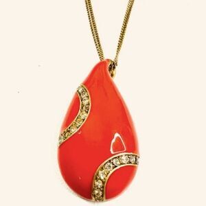 Kiam Family Orange Enamel Flame Shaped Pendant Necklace / Curved Crystal Accents